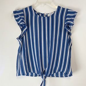 Twine & String Ruffle tie Front Top Blouse Blue White Striped Size Medium